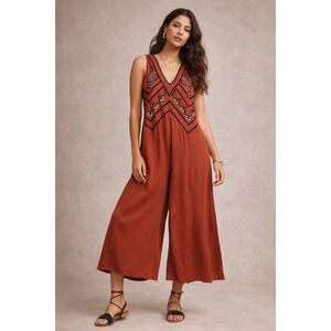 Anthropologie Maeve Desert Embroidered Boho Wide Leg Jumpsuit Rust XS